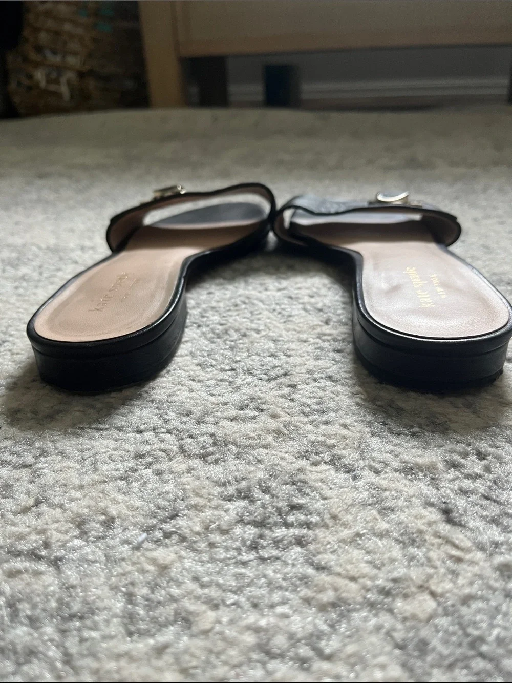 kate spade Black Leather Slide Sandals with Silver Logo size 8 1/2